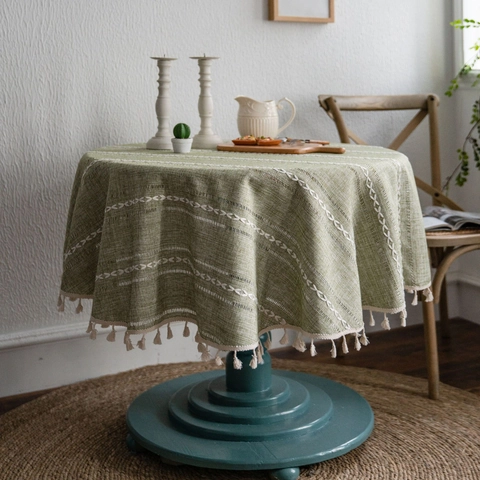 Nappe Ronde en Coton à Broderies et Franges Housse Décorative pour Table à Manger Style Vintage Américain Lavable