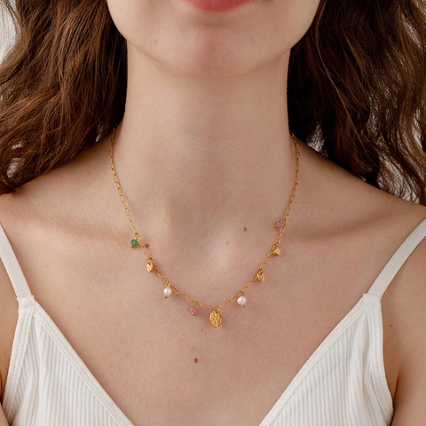 Collier Bohême en Acier Inoxydable Plaqué Or 18K PVD Avec Perle d'Eau Douce Pierre Naturelle Pendentif Pièce Martelée Pour Femme
