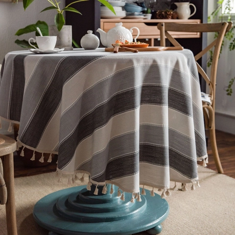 Nappe Ronde à Rayures en Coton et Lin Avec Glands Style Américain Teinte en Fil Couverture de Table Décorative