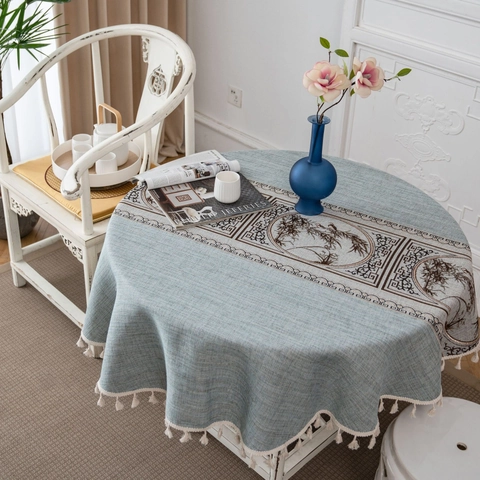 Mantel Redondo de Algodón Estilo Americano Con Borlas Vintage Jacquard Geométrico Estampado Antipolvo para Mesa de Comedor Fiesta