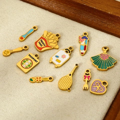 Stainless Steel Enamel Charms For Jewelry Making DIY Pendants Travel Theme Food Shape Accessories French Fries Passport Suitcase Gold Plated