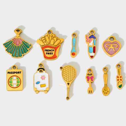 Stainless Steel Enamel Charms For Jewelry Making DIY Pendants Travel Theme Food Shape Accessories French Fries Passport Suitcase Gold Plated