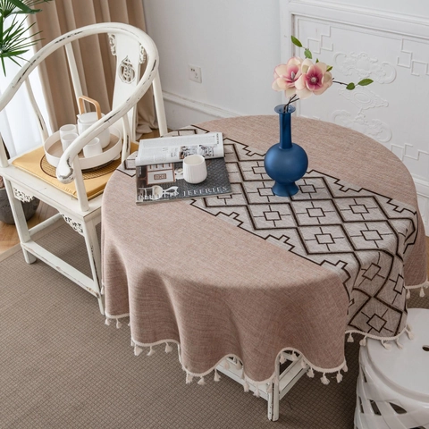 Mantel Redondo de Algodón Estilo Americano Con Borlas Vintage Jacquard Geométrico Estampado Antipolvo para Mesa de Comedor Fiesta