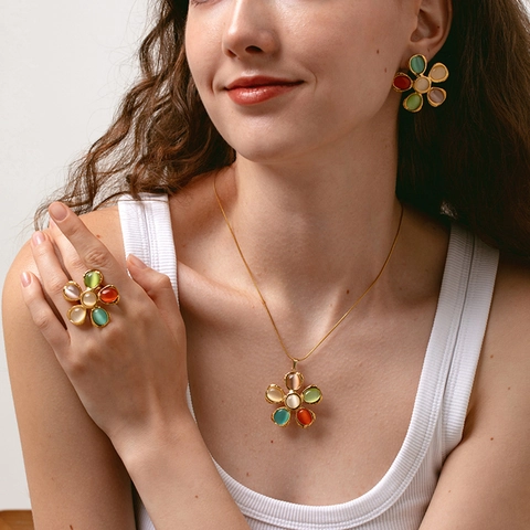 Vintage Stainless Steel Colorful Cat Eye Glass Flower Jewelry Set Stud Earrings Pendant Necklace Adjustable Ring Women