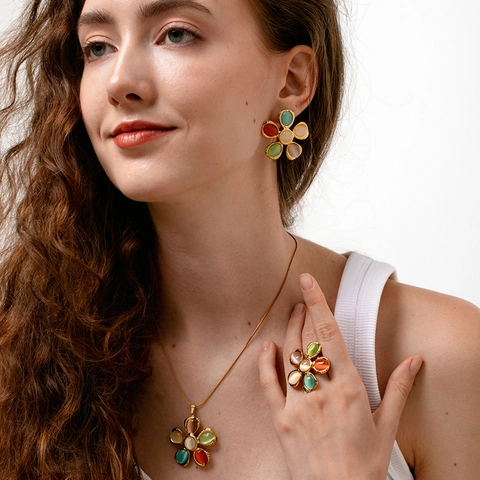 Vintage Stainless Steel Colorful Cat Eye Glass Flower Jewelry Set Stud Earrings Pendant Necklace Adjustable Ring Women