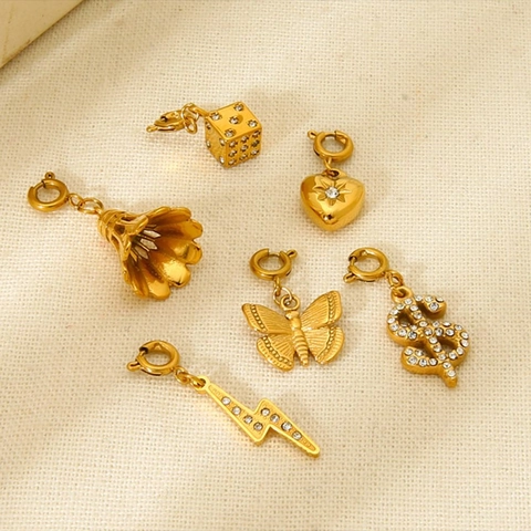 Stainless Steel Zirconia Pendant With Spring Clasp Gold Plated DIY Jewelry Heart Butterfly Dice Badminton Dollar Lightning