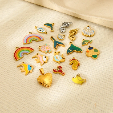 Stainless Steel Enamel Ocean Charms 18K Gold Plated Mermaid Fish Shell Rainbow Heart DIY Jewelry Making Pendant For Women