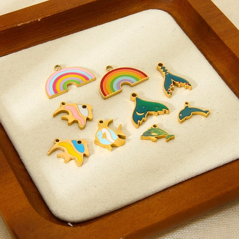 Stainless Steel Enamel Ocean Charms 18K Gold Plated Mermaid Fish Shell Rainbow Heart DIY Jewelry Making Pendant For Women