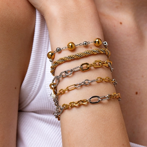 Pulsera de Cadena Mixta Bicolor de Acero Inoxidable Minimalista Chapada en Oro de 18K Impermeable Moda Pulsera de Cuerda Retorcida para Mujer Joyería Regalo