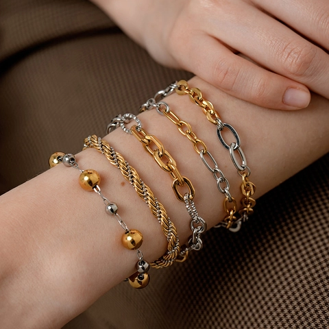 Pulsera de Cadena Mixta Bicolor de Acero Inoxidable Minimalista Chapada en Oro de 18K Impermeable Moda Pulsera de Cuerda Retorcida para Mujer Joyería Regalo