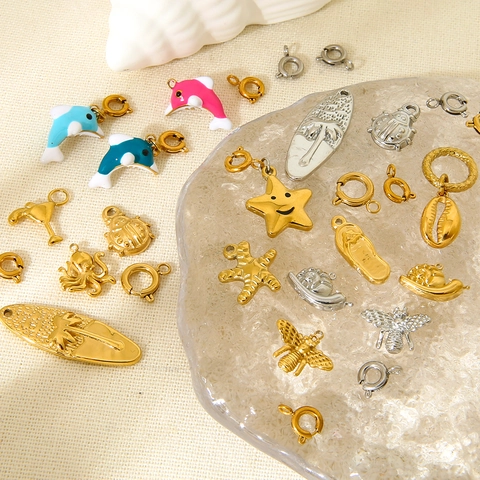 18K Gold Plated Stainless Steel DIY Enamel Ocean Charms Sea Dolphin Octopus Starfish Surfboard Star Pendants Jewelry Making Accessory