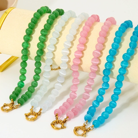 Elegant Cat Eye Acrylic Beaded Necklace For Women Titanium Steel Clasp Fashion Commuter Necklace Jewelry Pink Blue Green