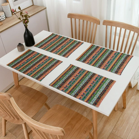 Bohemian Striped Cotton Linen Placemat Heat Resistant Rectangular Double Layer Table Mat For Kitchen Dining Room Home Decor