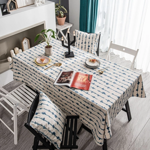 Mantel de Algodón y Lino con Estampado de Rayas Onduladas Azules Moderno Minimalista Rectangular Antipolv Manteles para Comedor Cocina Hogar