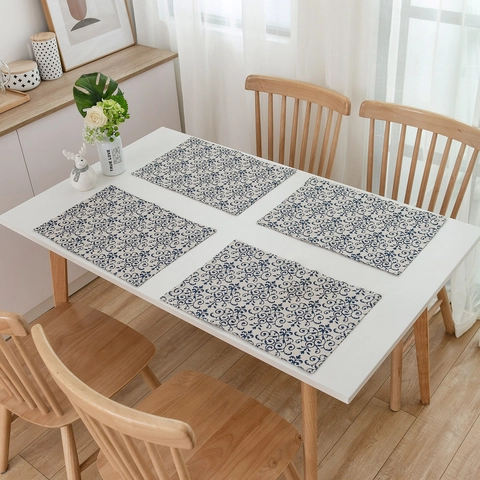 Vintage Blue Floral Cotton Linen Placemat Heat Resistant Rectangular Dining Table Mat For Kitchen Home Decoration