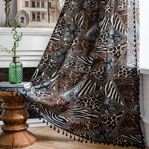 Bohemian Leopard Animal Print Curtains With Black Tassels Retro Geometric Patchwork Cotton Linen Printed Window Drapes For Home Decor