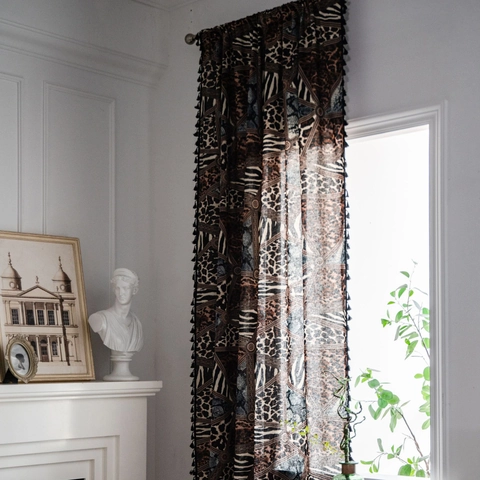 Bohemian Leopard Animal Print Curtains With Black Tassels Retro Geometric Patchwork Cotton Linen Printed Window Drapes For Home Decor