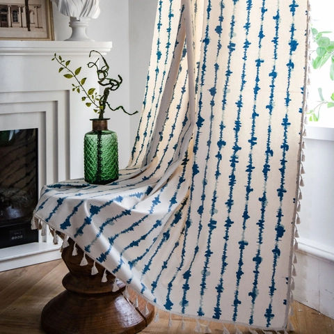 American Style Cotton Linen Window Curtain Abstract Blue Stripe Tassel Fringe Semi Blackout Living Room Bedroom Kitchen Home Decor