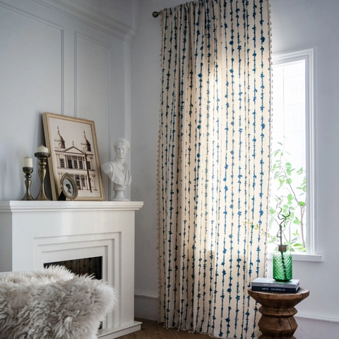 American Style Cotton Linen Window Curtain Abstract Blue Stripe Tassel Fringe Semi Blackout Living Room Bedroom Kitchen Home Decor