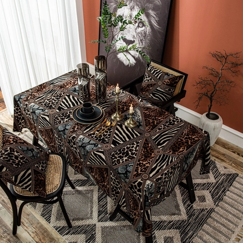 Vintage American Style Leopard Zebra Print Rectangular Tablecloth Polyester Patchwork Geometric Animal Pattern Table Cloth