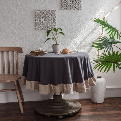 Nappe Ronde en Coton Lavé de Style Japonais Avec Bord à Volants Couleur Unie Anti-poussière Housse de Table Pour Maison