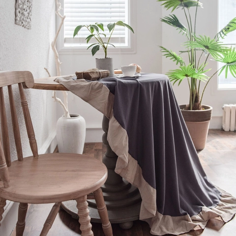 Nappe Ronde en Coton Lavé de Style Japonais Avec Bord à Volants Couleur Unie Anti-poussière Housse de Table Pour Maison