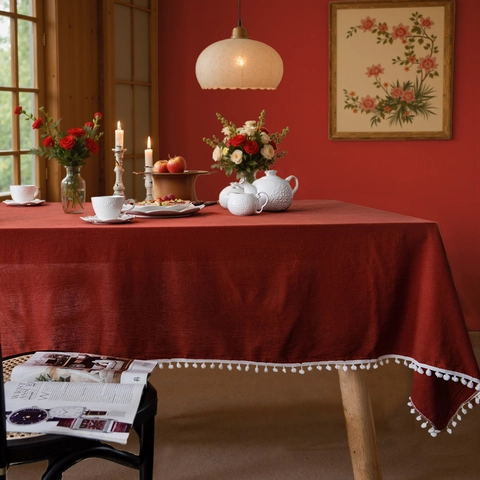 Solid Color Rectangular Tablecloth Poly-Cotton Blend Table Cover With White Pom-Pom Fringe Tassel For Home Party Decoration