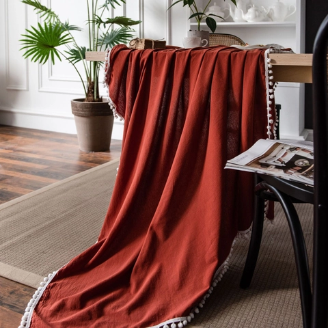 Solid Color Rectangular Tablecloth Poly-Cotton Blend Table Cover With White Pom-Pom Fringe Tassel For Home Party Decoration