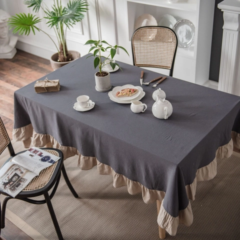 Mantel de Algodón Lavado y Lino con Volantes Color Sólido Rectangular Redondo Cubierta de Mesa de Comedor Decoración Hogar
