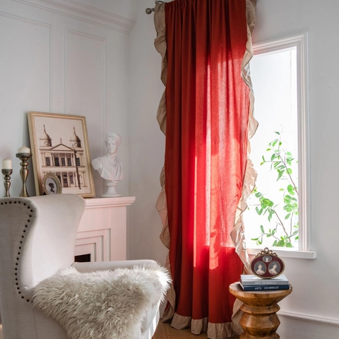 French Vintage Orange Kitchen Curtain With Ruffle Edge Cotton Half Shading Window Drapes Rod Pocket Hook Home Decor Curtain