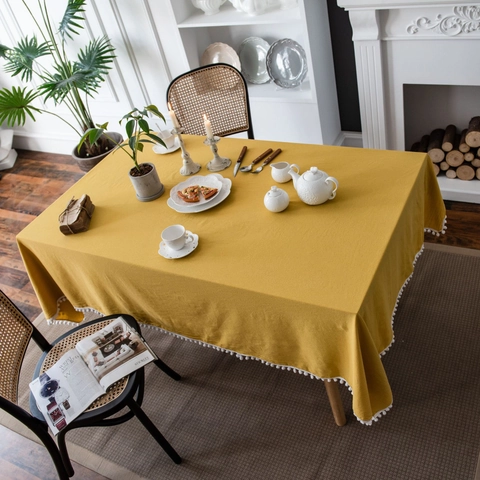 Washed Cotton Rectangular Tablecloth With White Pom Pom Tassel Fringe Solid Color Dustproof Table Cover For Kitchen Dining