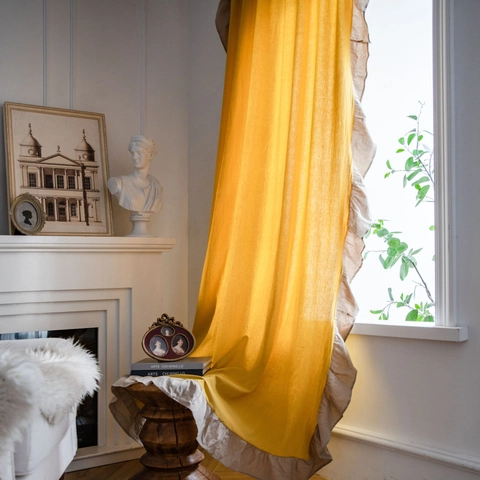 French Country Yellow Ruffled Curtains For Kitchen Small Window Cotton Fabric Semi Blackout Contrast Color Home Decor Window Treatments