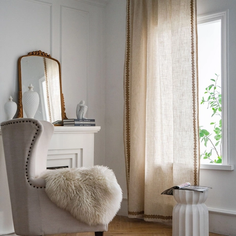 Japanese Minimalist Hemp Polyester Blend Semi Blackout Window Curtain With Hemp Rope Lace Embroidery Rod Pocket Grommet Partition