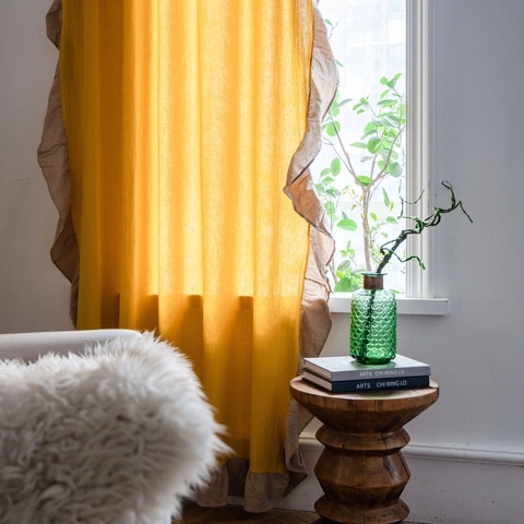 French Country Yellow Ruffled Curtains For Kitchen Small Window Cotton Fabric Semi Blackout Contrast Color Home Decor Window Treatments
