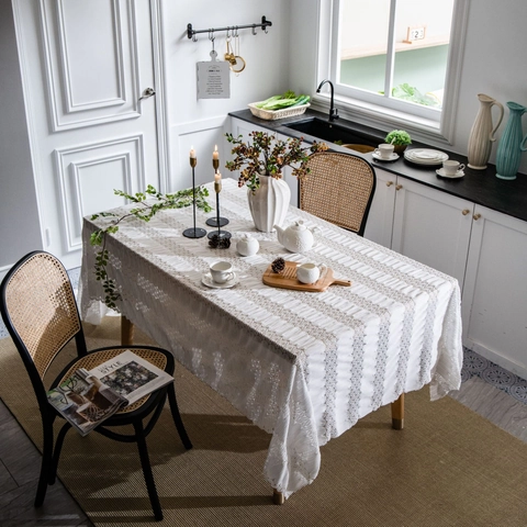Mantel de Encaje Estilo Francés Retro Blanco Rectangular Tela Jacquard Hueca para Mesa de Comedor Fiesta de Boda Hogar