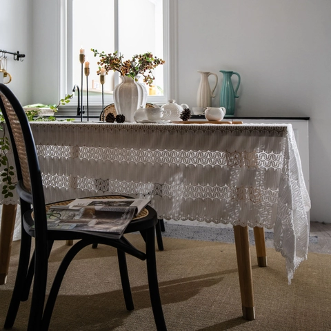 Mantel de Encaje Estilo Francés Retro Blanco Rectangular Tela Jacquard Hueca para Mesa de Comedor Fiesta de Boda Hogar