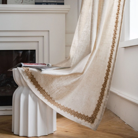 Japanese Minimalist Hemp Polyester Blend Semi Blackout Window Curtain With Hemp Rope Lace Embroidery Rod Pocket Grommet Partition