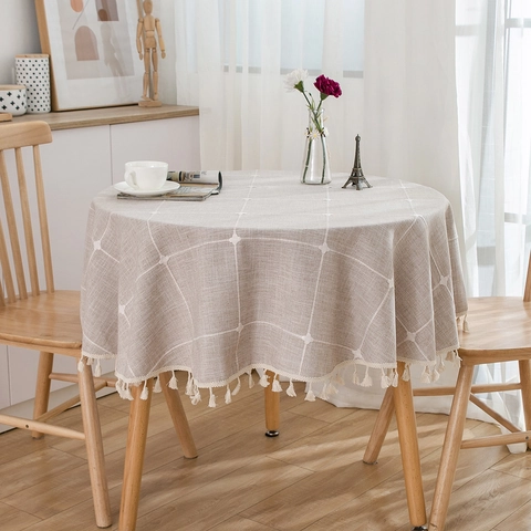 Nappe Ronde de Style Japonais Fibre Chimique Broderie Florale à Carreaux Glands pour Table à Manger Décoration de Maison