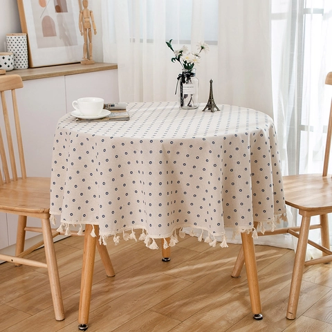 Rond Tafelkleed van Katoen Linnen Mix Wasbaar Bedrukt Decoratief Tafelkleed Met Kwasten Geometrisch Patroon Voor Eetkamer