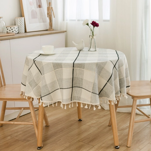 Japanese Style Round Plaid Tablecloth Synthetic Fiber Tassel Fringed Dining Table Cover For Coffee Table Home Decor