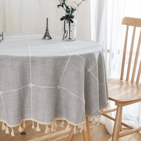 Japanese Style Linen Look Round Tablecloth Gray Coffee Grid Striped Embroidered Tassel Edge Decorative Home Table Cover