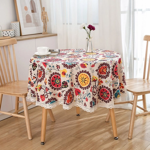 Bohemian Round Cotton Linen Tablecloth Ethnic Mandala Floral Print With Lace Trim Vintage Decorative Dustproof Table Cover