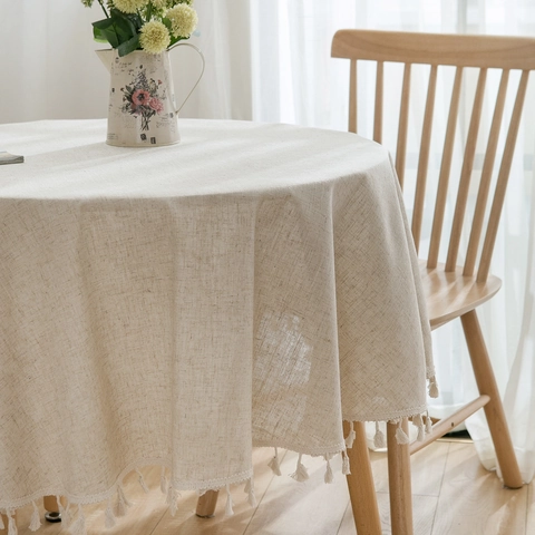 Nordic Style Round Solid Color Tablecloth With Tassels Blended Fabric Dustproof Beige Dining Table Cover For Home Decor