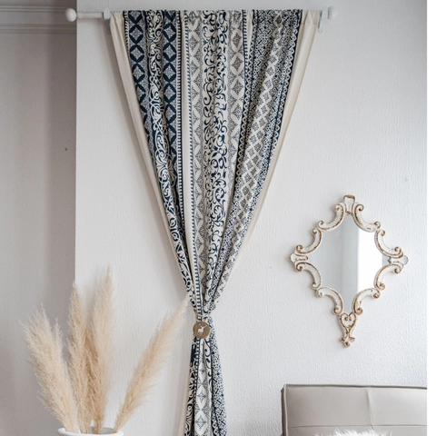 Bohemian Blue And White Mandala Printed Cotton Linen Curtain Vintage Floral Window Treatment For Living Room Bedroom Kitchen