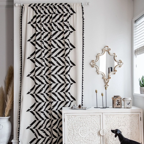 Nordic Geometric Print Cotton Linen Curtain With Tassels Boho Black White Herringbone Window Curtain For Home Kitchen