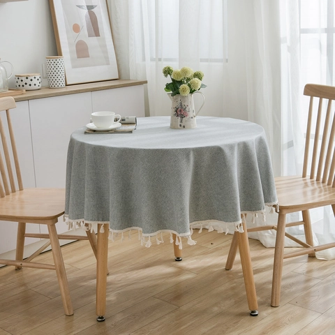 Nordic Minimalist Round Tablecloth Solid Color Cotton Fabric With Beige Tassel Fringe For Dining Table Cafe Home Decor Grey