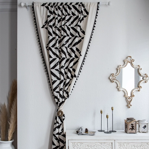 Nordic Geometric Print Cotton Linen Curtain With Tassels Boho Black White Herringbone Window Curtain For Home Kitchen