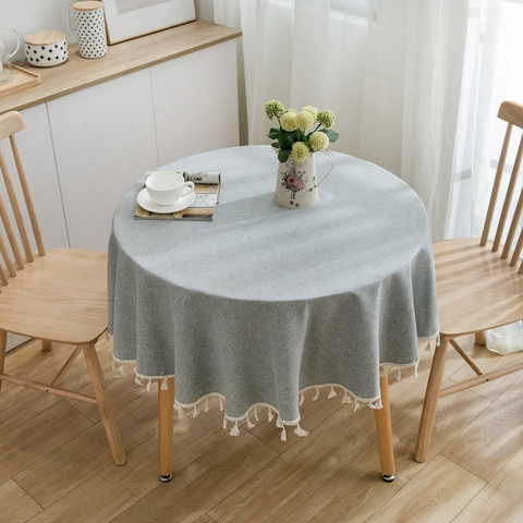 Nordic Minimalist Round Tablecloth Solid Color Cotton Fabric With Beige Tassel Fringe For Dining Table Cafe Home Decor Grey