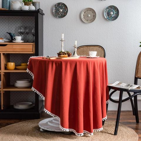 Tovaglia Rotonda in Cotone Lavato Con Bordo di Pompon Bianchi Tinta Unita Boho Copritavolo per Sala da Pranzo Casa