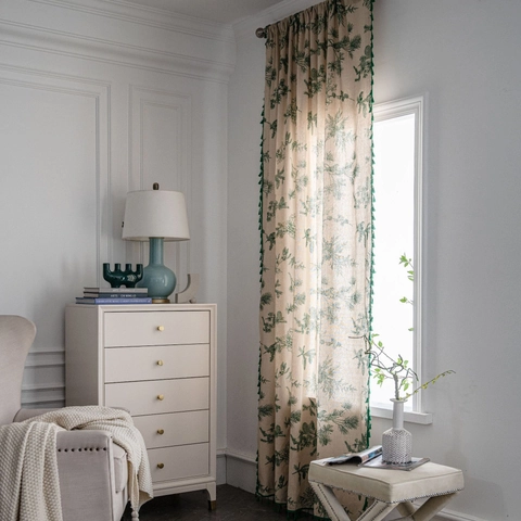 Rideaux En Polycoton Style Américain Imprimé Pomme De Pin Verte Avec Bordure À Glands Pour Cuisine Salon Décoration